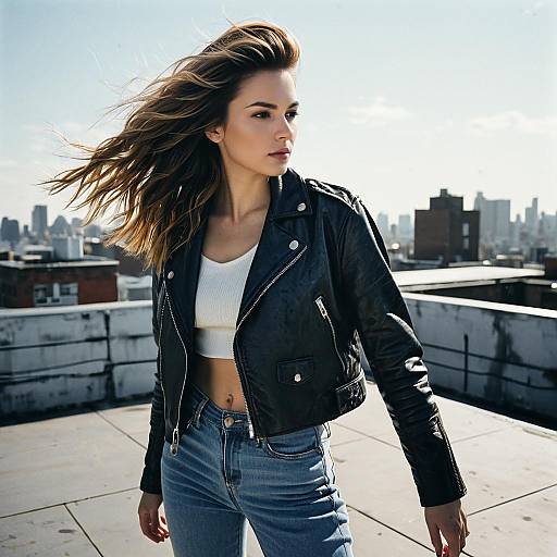 Young Woman Wearing Leather Jacket on Urban Rooftop with City Skyline