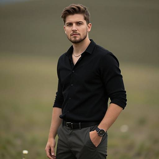 Stylish Young Man in Black Shirt Outdoor Portrait
