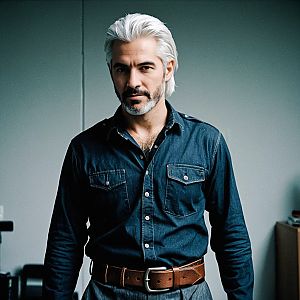 Mature Man with White Hair in Denim Shirt