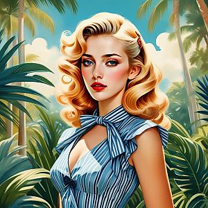 Vintage Woman in Striped Blue Dress with Tropical Background