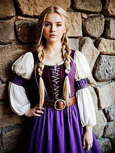 Young Woman in Medieval Dress Against Stone Wall