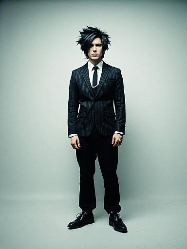 Man in Edgar Cut Hairstyle and Pinstripe Suit Full Body Cosplay Photo