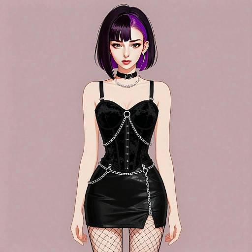 Gothic Style Young Woman in Black Leather Corset Dress with Purple Hair Highlights