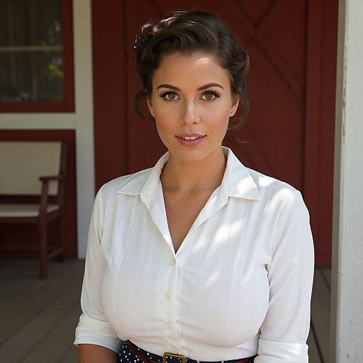 Portrait of Woman in White Blouse on Wooden Porch with Red Door