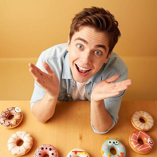 Happy Young Man Enjoying Colorful Decorated Donuts at Table