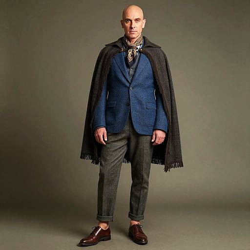 Sophisticated Man in Blue Blazer and Dark Cape with Scarf