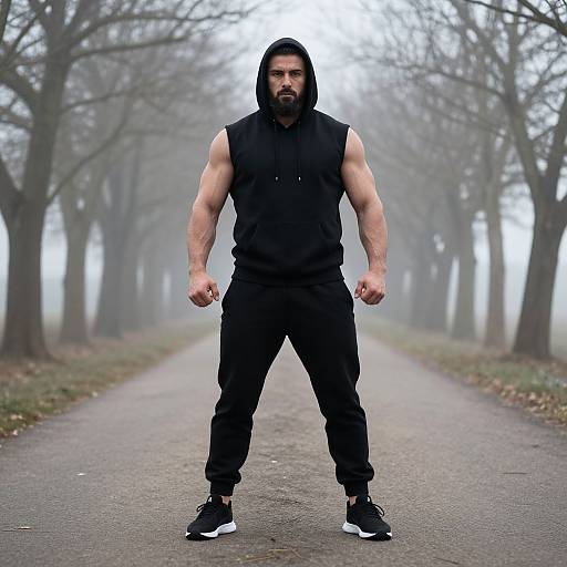 Muscular Man in Black Hoodie Standing on Foggy Tree-Lined Path