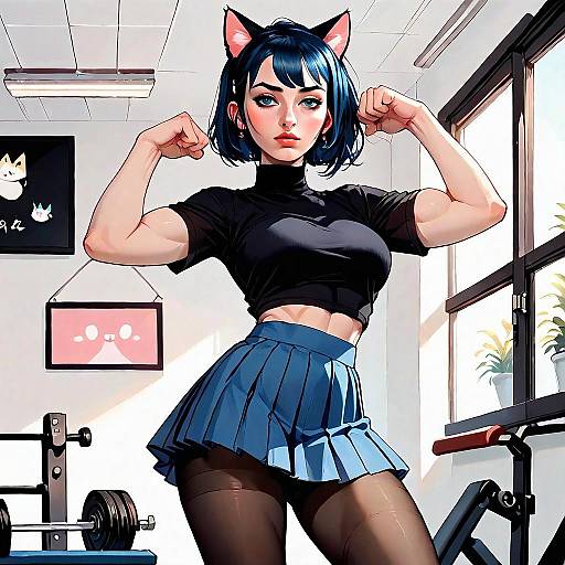 Anime Style Strong Woman with Cat Ears Flexing Muscles in Gym