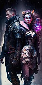 Futuristic Cyberpunk Duo in Dramatic Pose