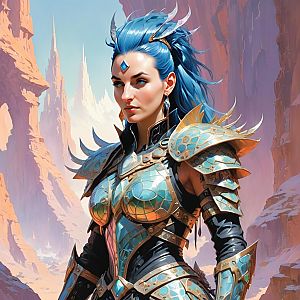 Powerful Woman Warrior with Blue Hair in Fantasy Armor