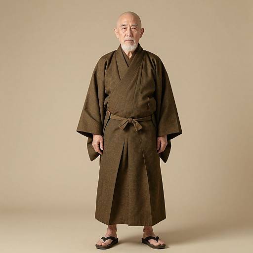 Elderly Man Wearing Traditional Brown Japanese Kimono with Geta Sandals