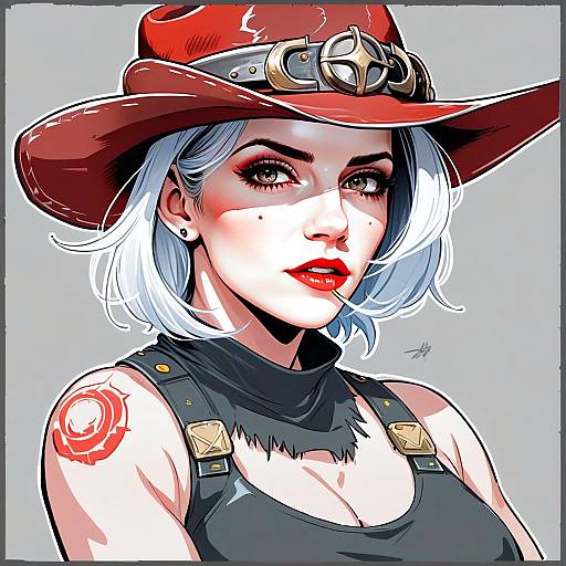 Anime Style Digital Portrait of Woman in Red Cowboy Hat
