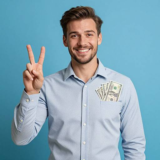 Smiling Man Showing Peace Sign with Money in Pocket on Blue Background