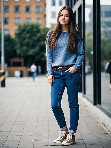 Young Woman in Casual Denim Jeans and Blue Sweater on City Sidewalk