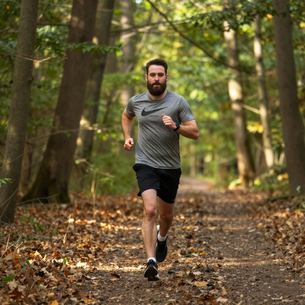 Bearded Man Running on Forest Trail in Athletic Wear