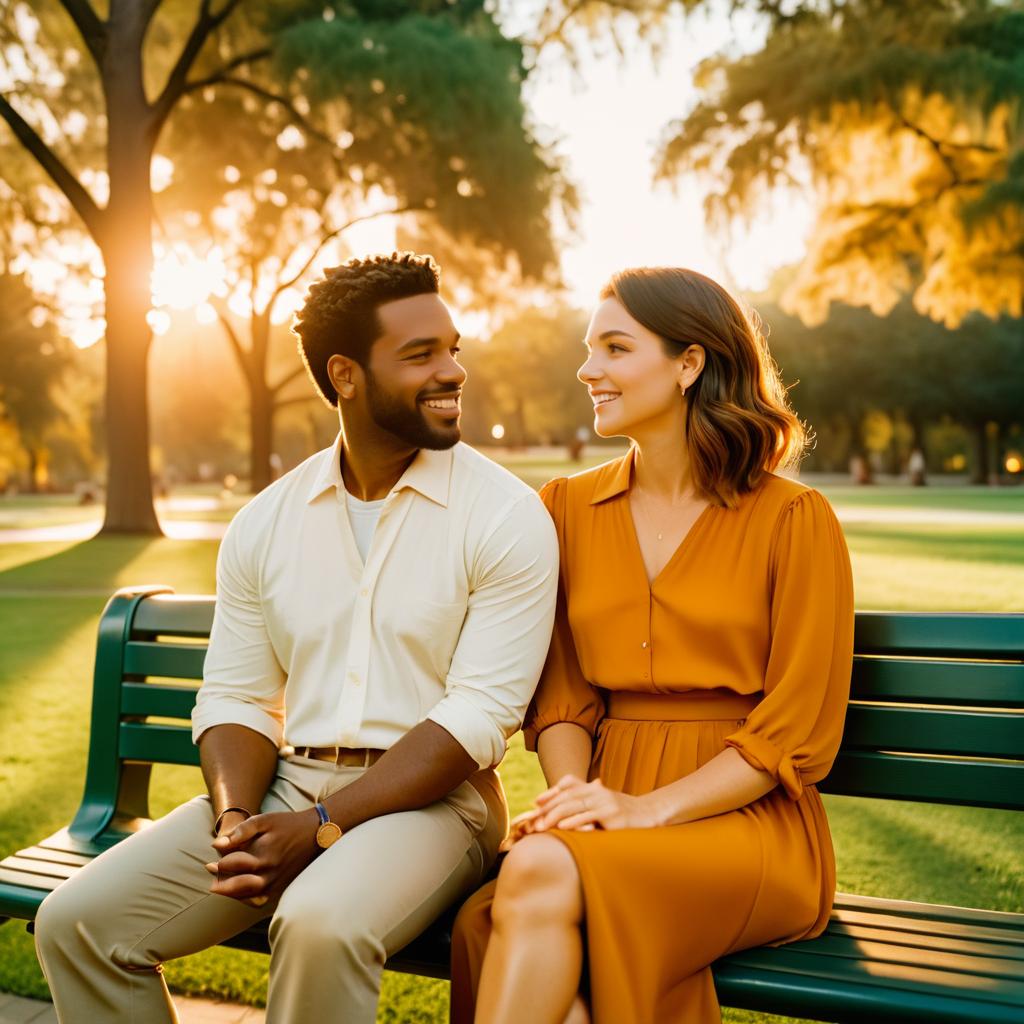 Joyful couple on park bench at sunset