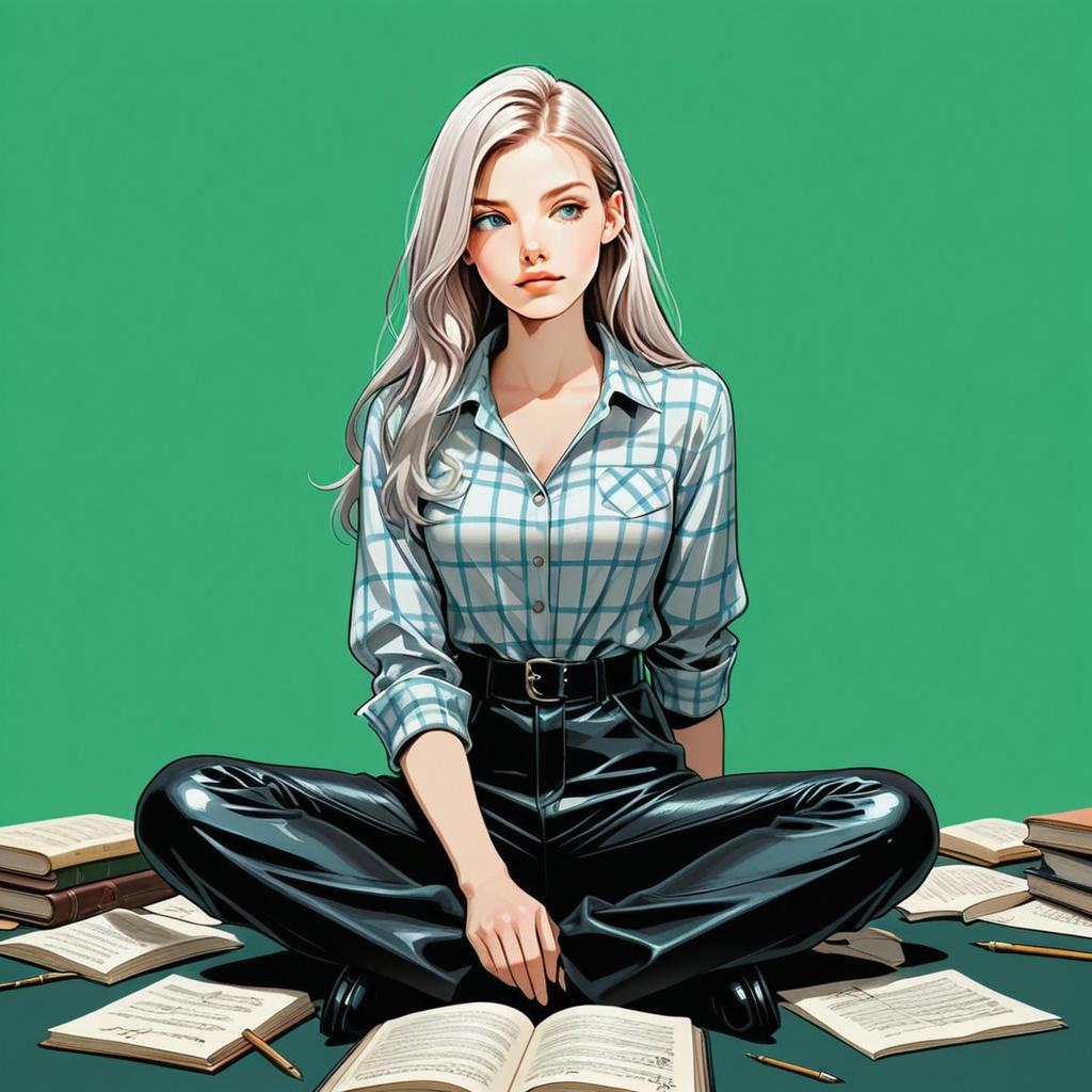 Young Woman with Silvery Hair Surrounded by Books