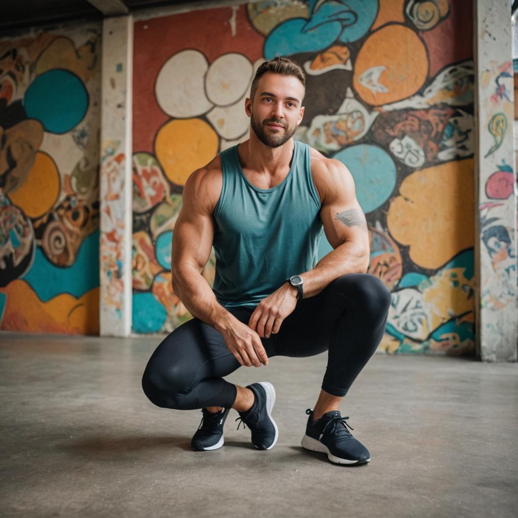 Fit Man Crouching by Graffiti Wall