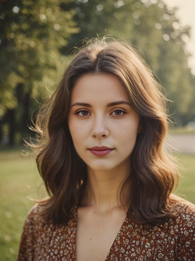 Woman with 70s Hairstyle in Outdoor Setting