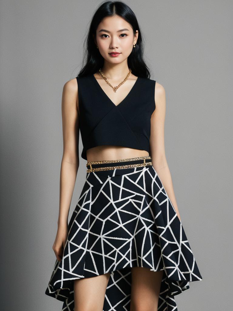 Woman in Edgy Black V-Neck Cropped Top with Textured Geometric Pattern High-Low Skirt