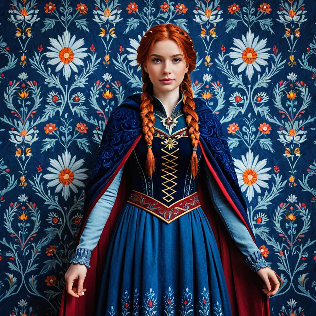 Medieval-inspired Woman with Red Hair in Floral Background