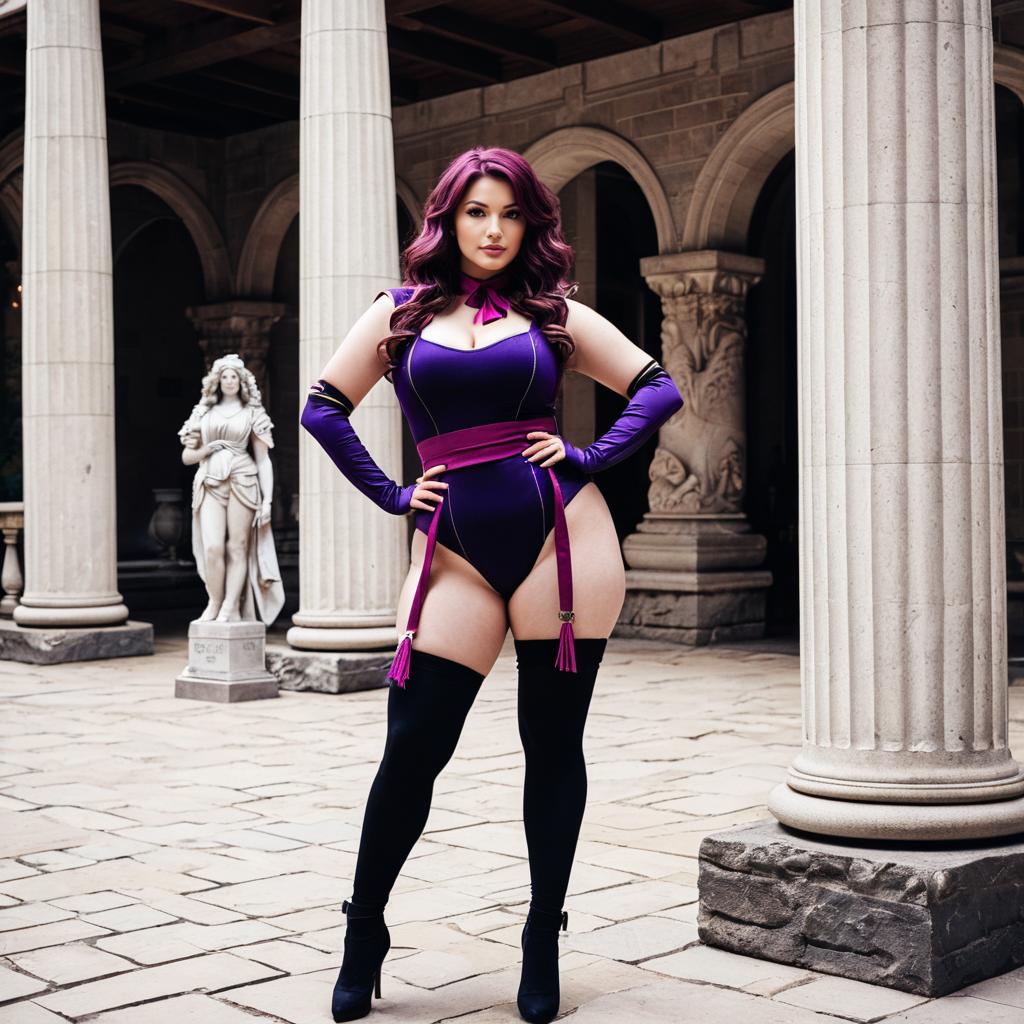 Woman in Purple Costume Posing in Historic Courtyard with Columns