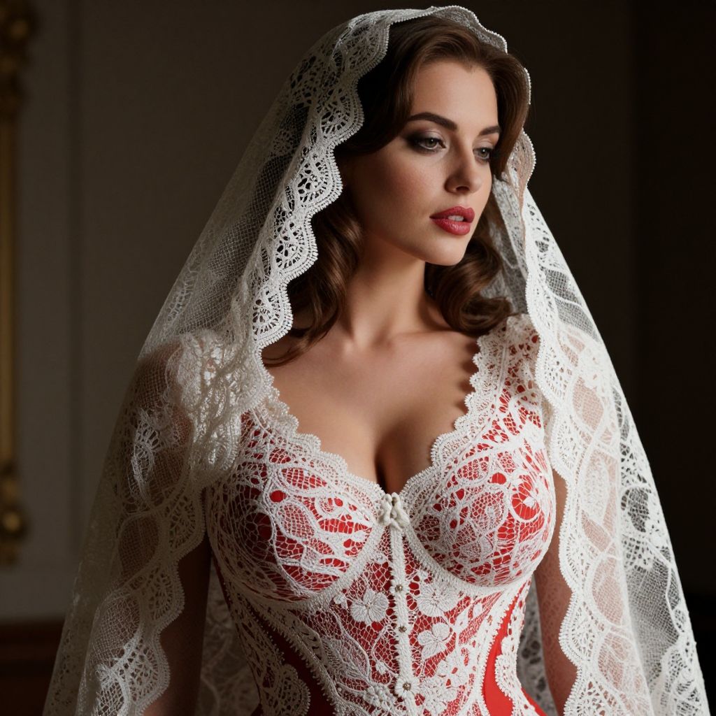 Elegant Woman Wearing White Lace Veil and Corset Dress