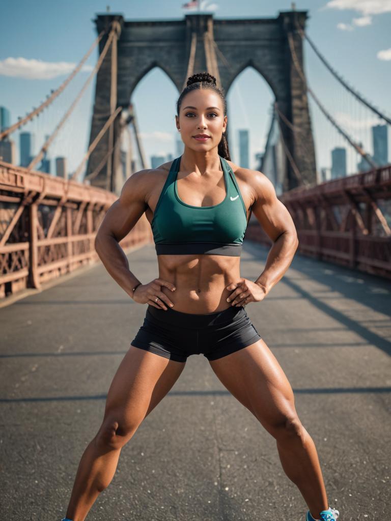 Confident Woman with Toned Muscles at Brooklyn Bridge