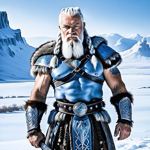 Viking Warrior in Blue Armor with Braided Hair in Snowy Landscape