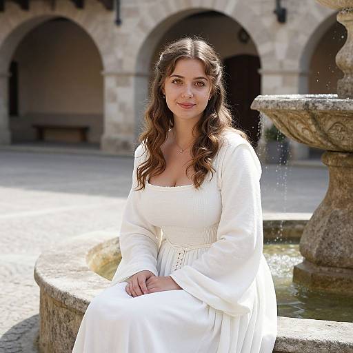 Elegant Woman in White Dress Sitting by Stone Fountain in Historic Courtyard