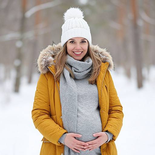 Pregnant Woman in Mustard Winter Coat Smiling in Snowy Forest