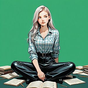 Young Woman with Silvery Hair Surrounded by Books