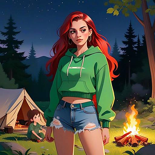 Red-Haired Woman by Campfire in Forest Night Digital Illustration