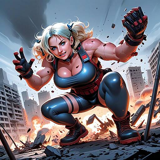 Dynamic Muscular Woman in Combat Gear Amid Explosive Cityscape Digital Illustration
