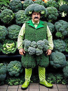 Man in Full-Body Broccoli Costume Standing Among Broccoli Display