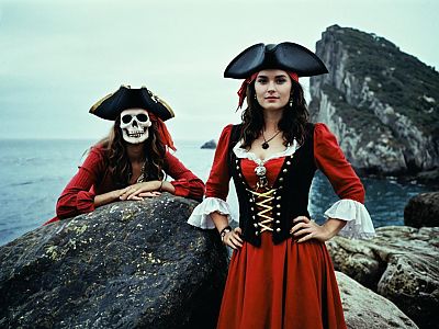 Ladies Halloween Pirate Costume Face Swap with Skull Mask by the Coast