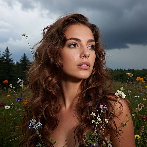 Woman with Long Wavy Hair in Wildflower Meadow Under Cloudy Sky