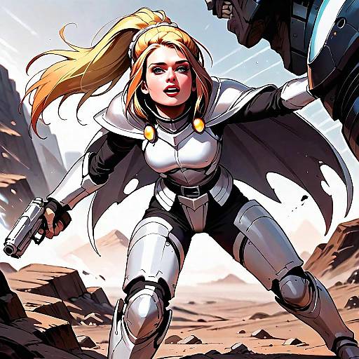 Futuristic Woman Warrior in Silver Armor Digital Illustration