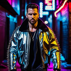 Confident Man in Neon Alley - Cyberpunk Aesthetic