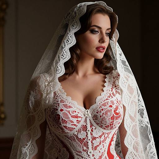 Elegant Woman Wearing White Lace Veil and Corset Dress