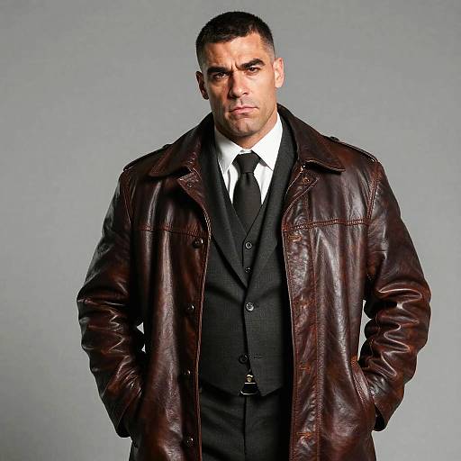 Confident Man in Classic Brown Leather Jacket and Suit