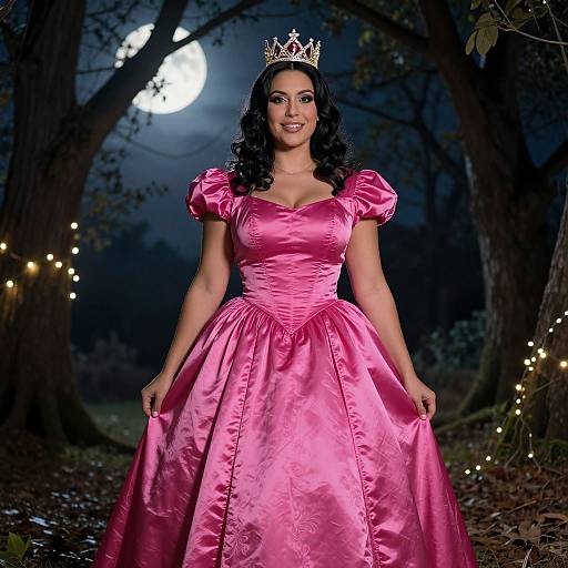 Woman in Pink Satin Princess Dress and Crown Under Full Moon in Forest