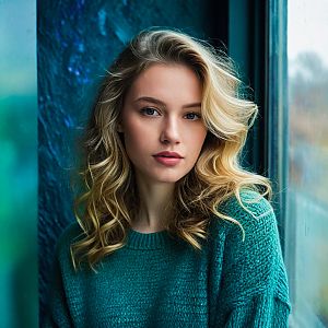 Young Woman in Teal Sweater by Window