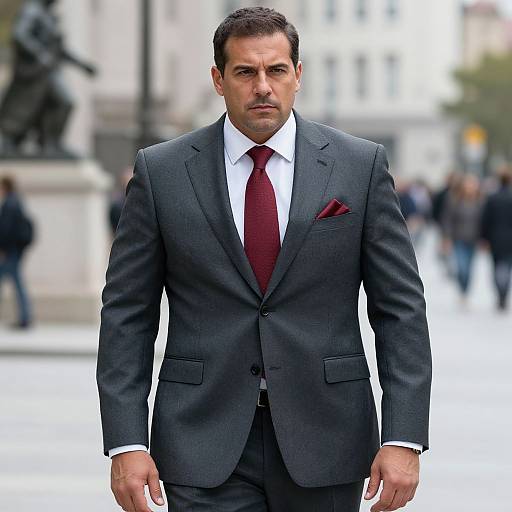 Confident Man in Tailored Dark Gray Suit with Red Tie Walking Outdoors