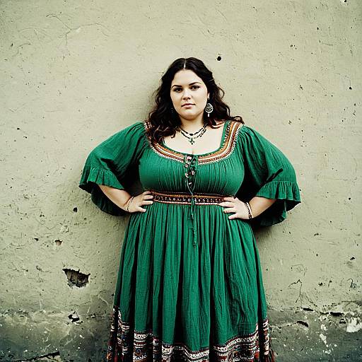 Plus Size Woman in Green Bohemian Dress with Ethnic Patterns
