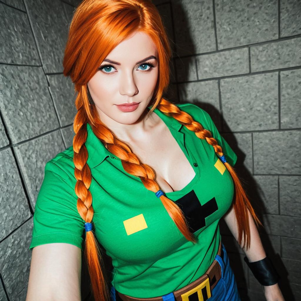Realistic Minecraft-Inspired Cosplay Woman with Orange Braids