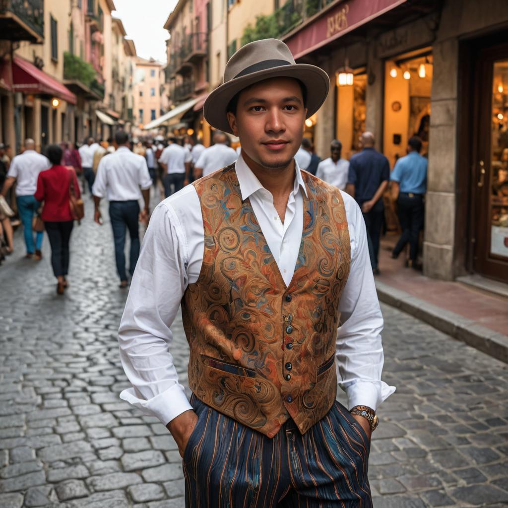 Stylish man in vintage waistcoat and fedora on city street