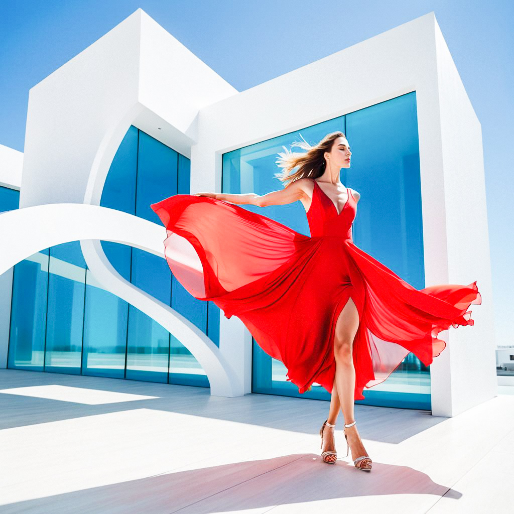 Woman in Red Dress Poses Outdoors with Modern Architecture Woman in Red Dress Poses Outdoors with Modern Architecture