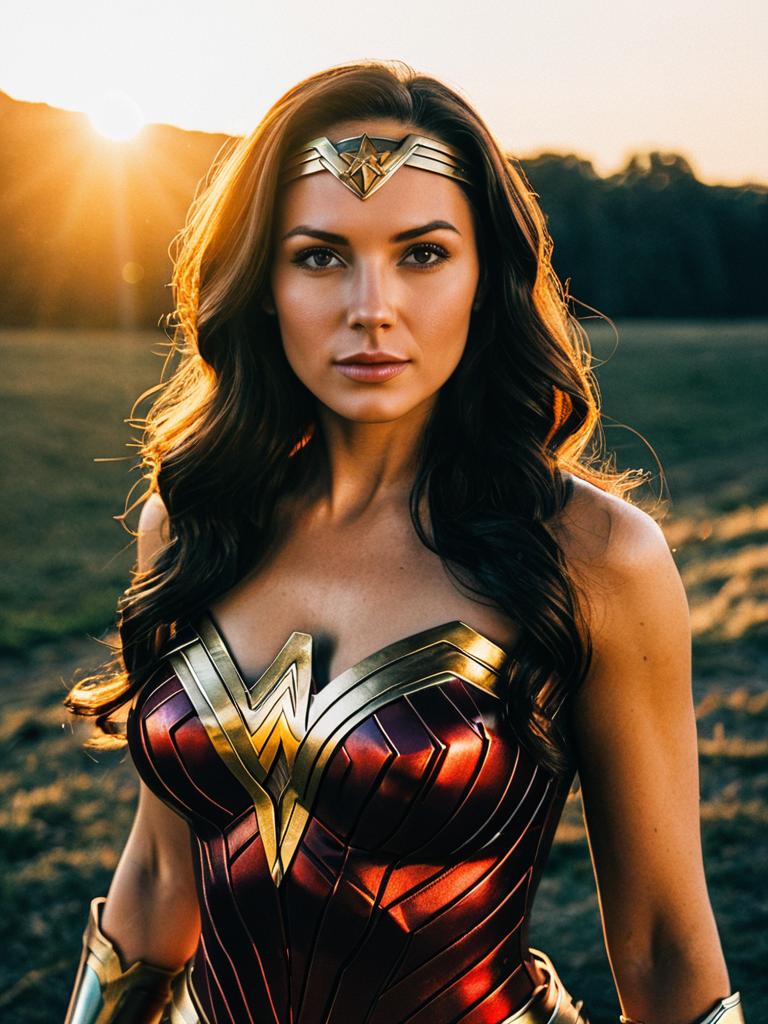 Photorealistic Woman in Wonder Woman Costume Outdoor Golden Hour Portrait