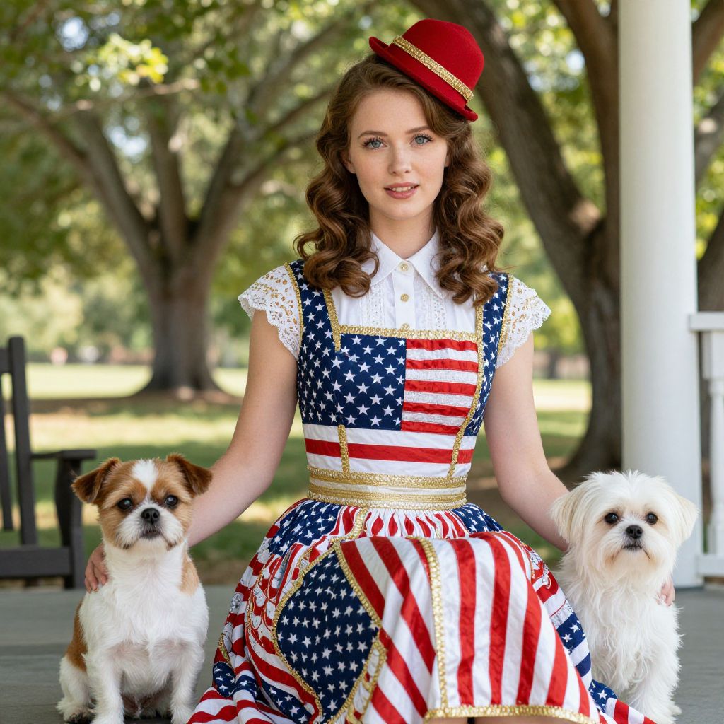 Young Woman in Vintage American Flag Dress with Two Dogs Outdoors